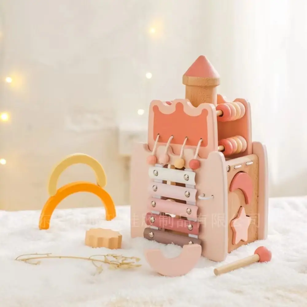 Montessori 5-in-1 Wooden Castle Shape Sorter Early Education Castle Stacking Puzzle with Sound Portable Dollhouse Shape Wooden