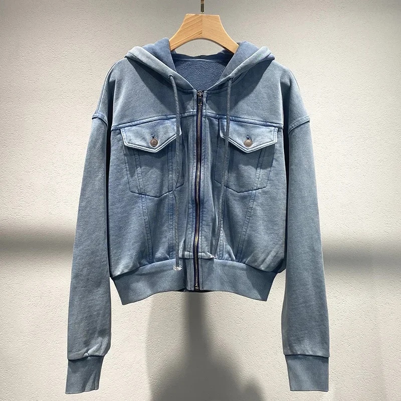 Blue sports hoodie hoodie 2024 early fall new denim to do old short coat women winter clothes women