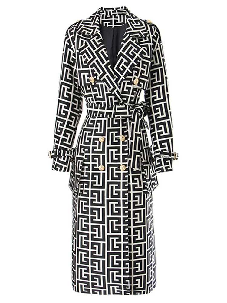 HIGH STREET Newest Fall Winter 2024 Designer Women's Lion Buttons Geometrical Monogram Jacquard Belted Trench OverCoat