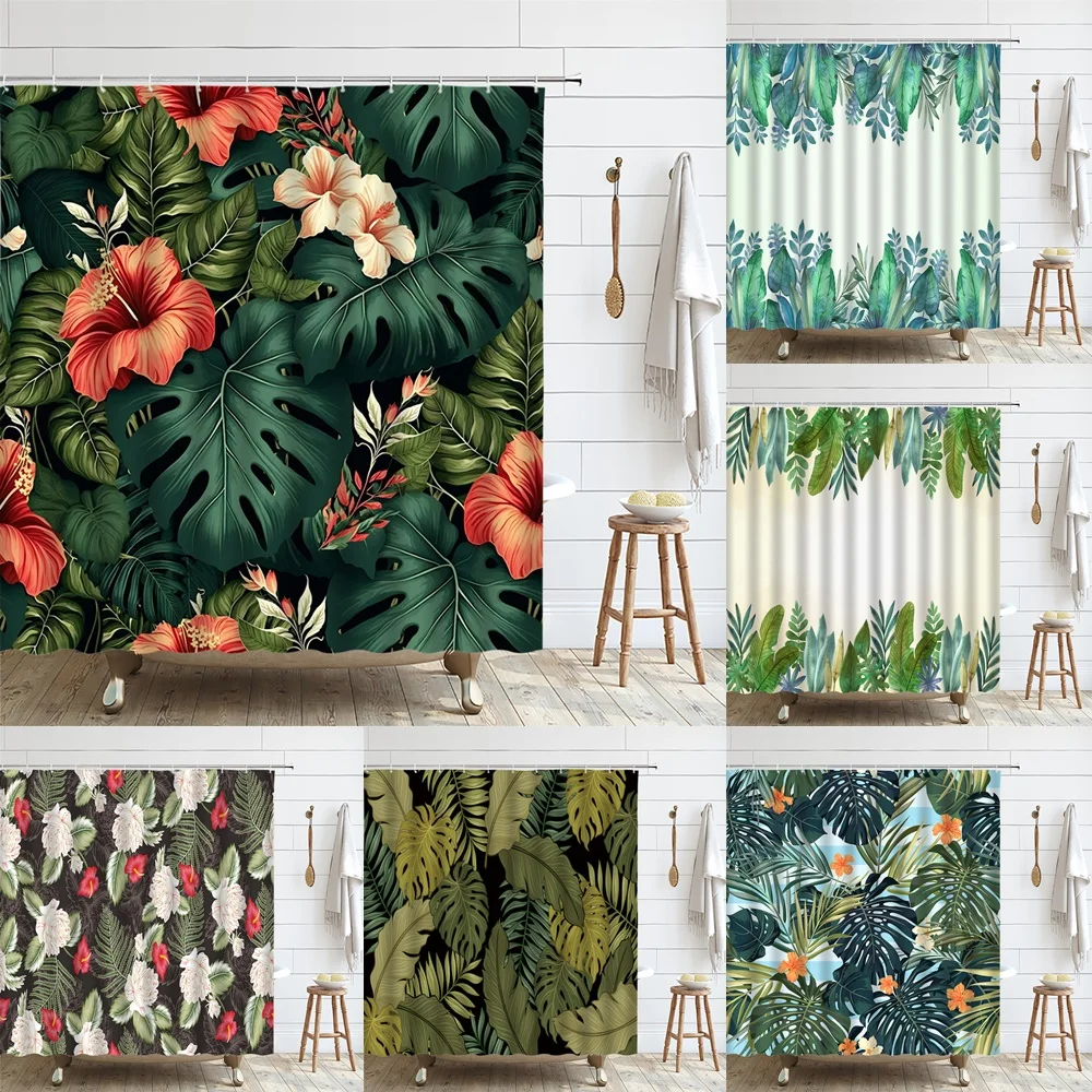 

Tropical Flower Leaf Shower Curtains Green Palm Banana Monstera Leaves Hibiscus Floral Plant Jungle Botanical Bathroom Curtains