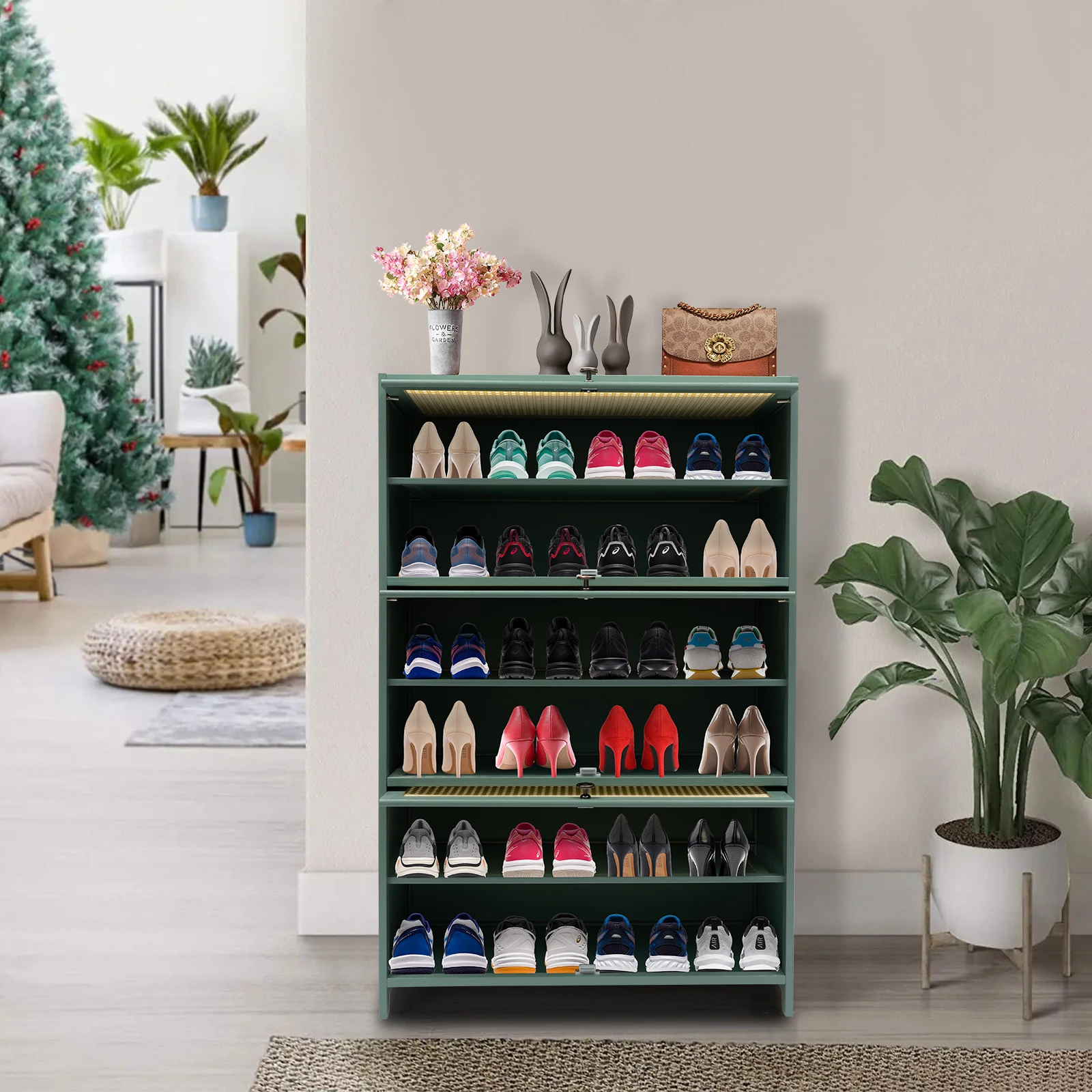 Schuhschrank – 7-stufiger Bambus-Boden-Organizer, 27,5 x 12,6 x 41,7 Zoll, grün, 11,02–16,53 lbs/stöckig, abnehmbare Paneele, staubdicht