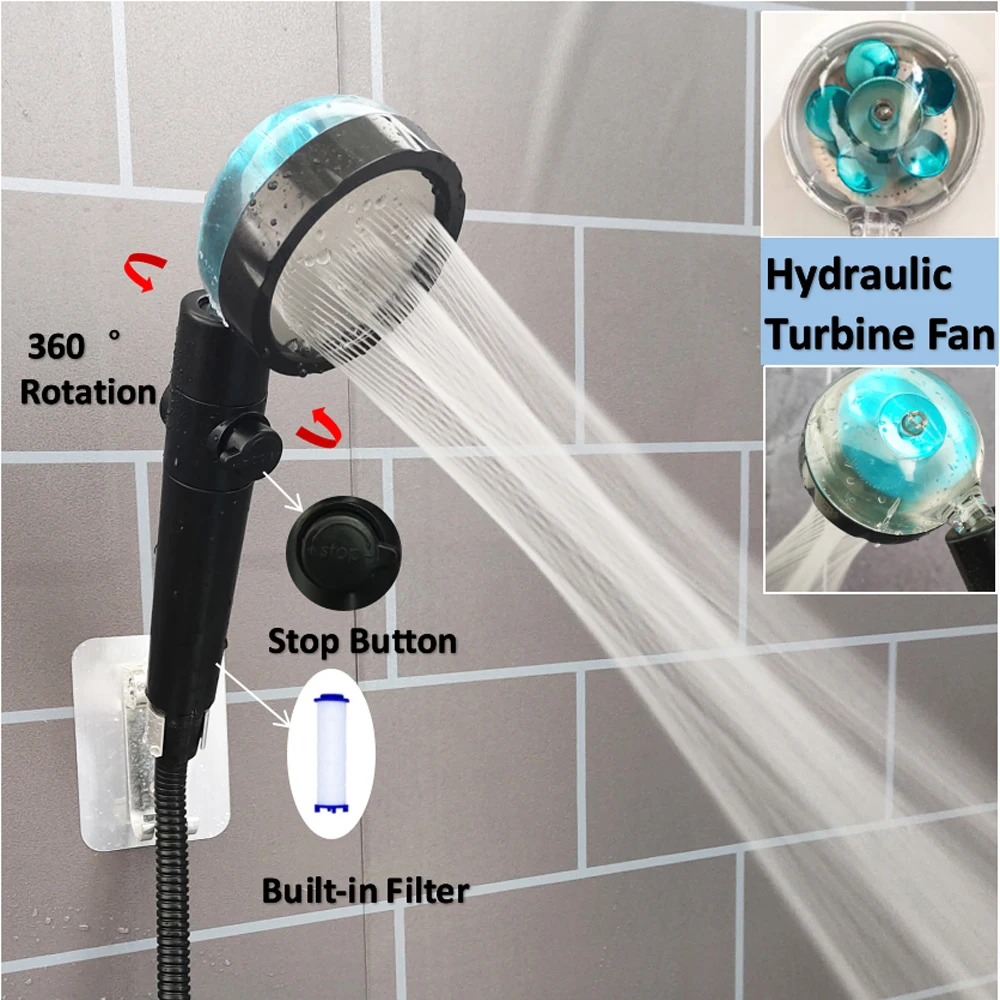 

Turbo Propeller Pressurized Shower Black High Pressure Water Saving Rainfall Filter Handheld Shower Head Bathroom Accessories