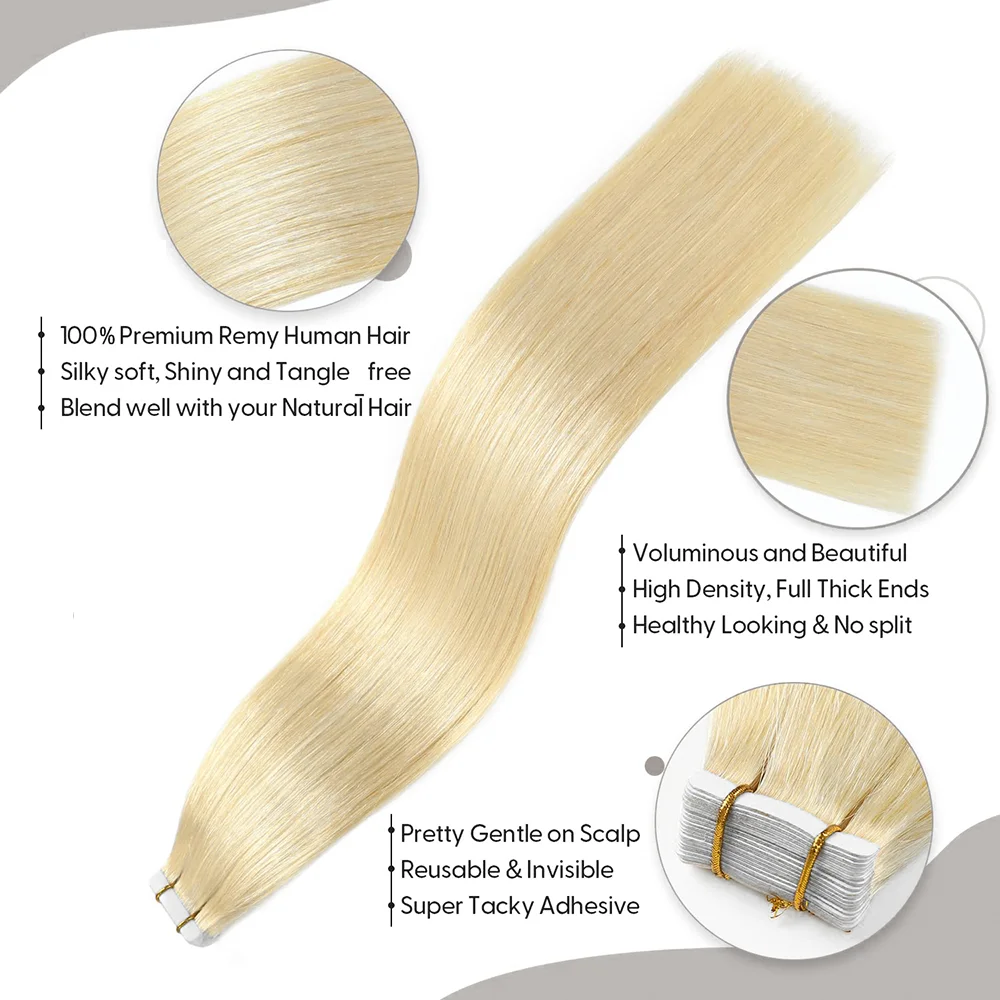 Tape In Hair Extensions Human Hair Blonde Color #613 Straight 100% Real Human Hair Extensions 16-26 Inch Seamless Invisible 50G