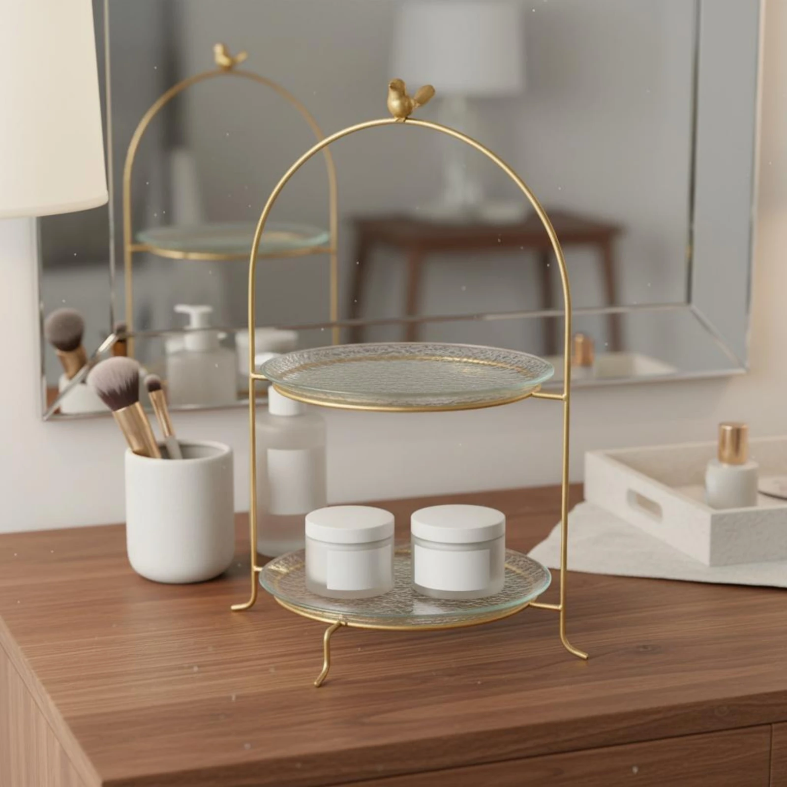 Gold Bird Cake Stand Multi-Purpose 2-Tier Dessert Stand Home Decor Elegant Decorative Display for Afternoon Tea, Vanity