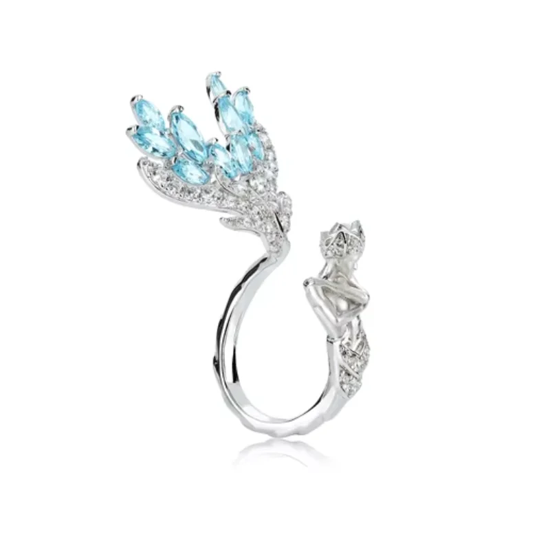 

Bellux Unique Design Jewelry 925 Silver Synthetic Zircon Blue Marquise Diamond Mermaid Queen Ring