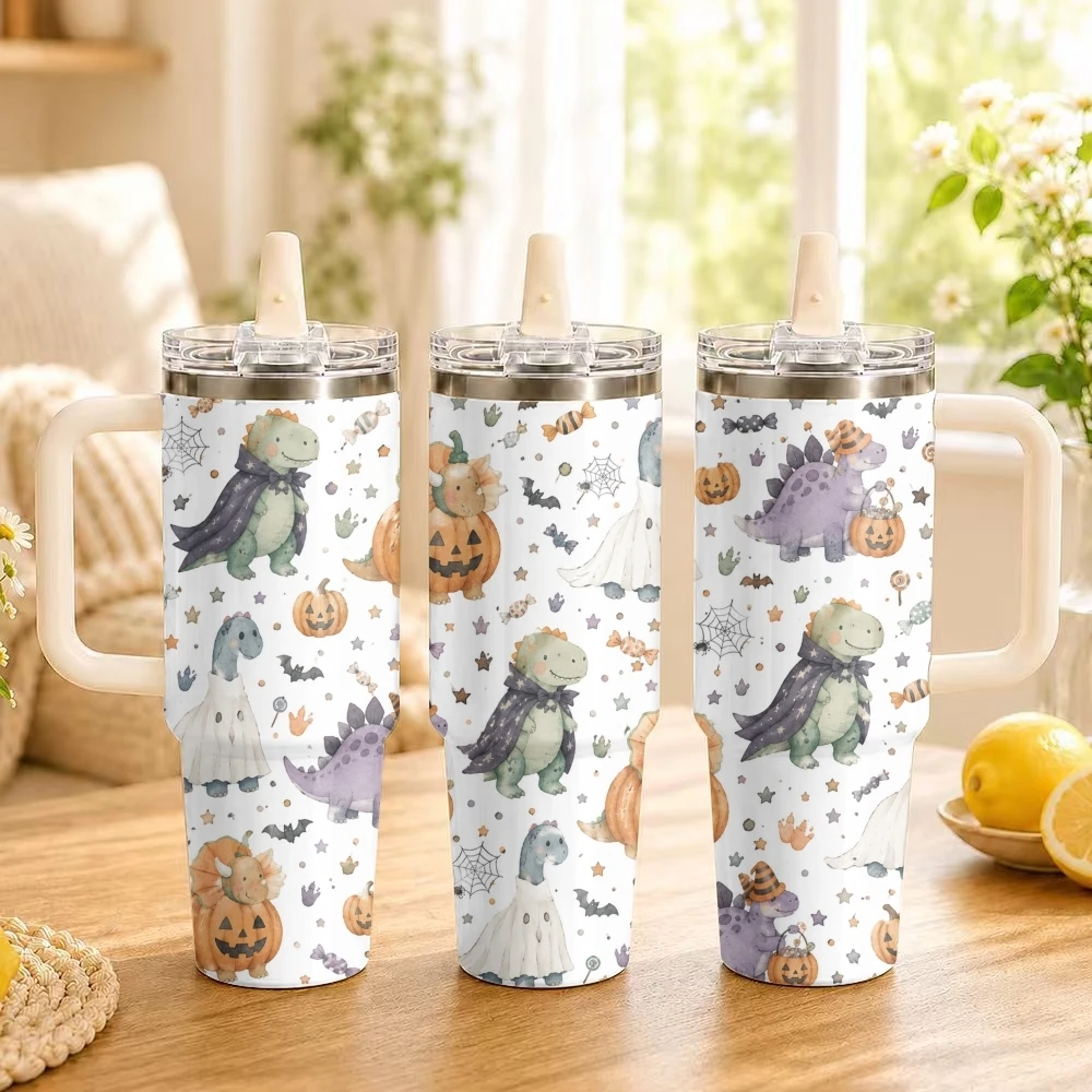Cute Halloween Dinosaur Pattern Vacuum Flasks 40oz Stainless Steel Insulated Tumbler Leakproof Vacuum Travel Mug Portable Cup