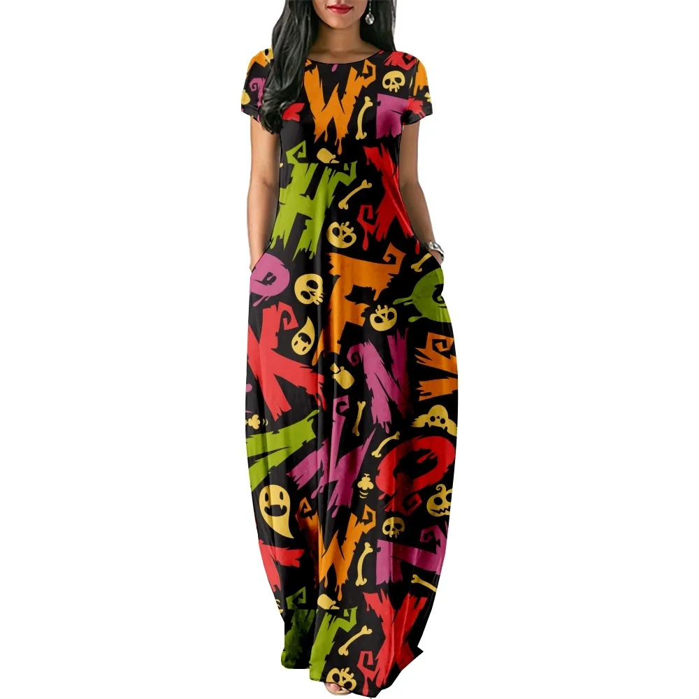 

Halloween Print Women Casual Short Sleeve Dress Loose Long Double Pocket Beach Vacation Woman Dress