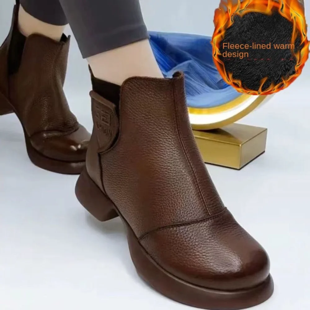 3cm Genuine Leather Women Chelsea Chimney Ankle Mid Calf Boots Spring Autumn Fashion Flats British Style Soft Comfy Shoes