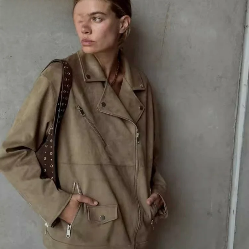 

Spring New Arrival Women's Zipper Detail Faux Leather Biker Sle Jaet Coat Street Sle Loose Fit Long Sve Pure Color