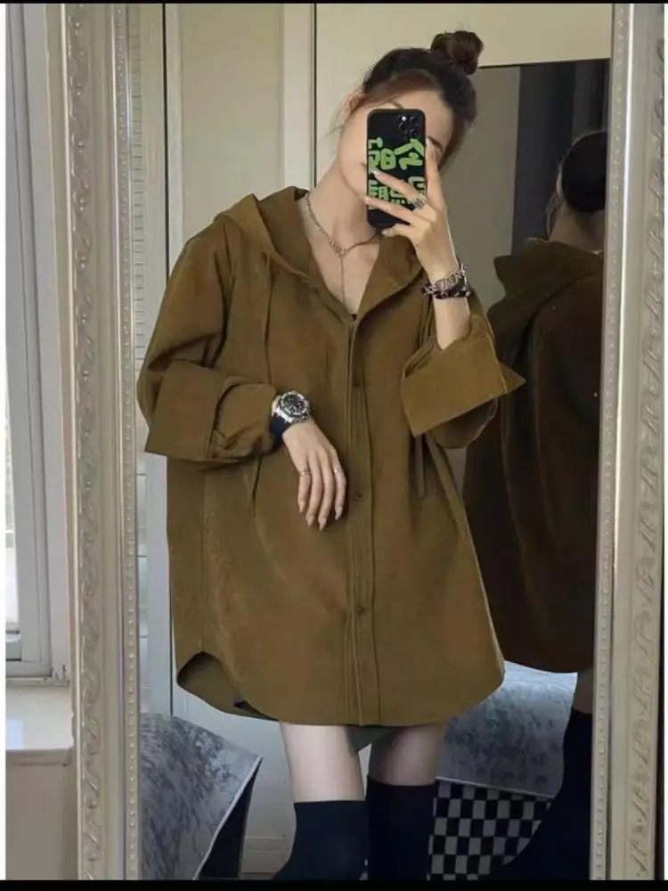 

Autumn Fashion New Green Corduroy Loose Versatile Cardigan Shirt Tops Women's Long Sleeved Single Breasted Blouses Trendy Casual