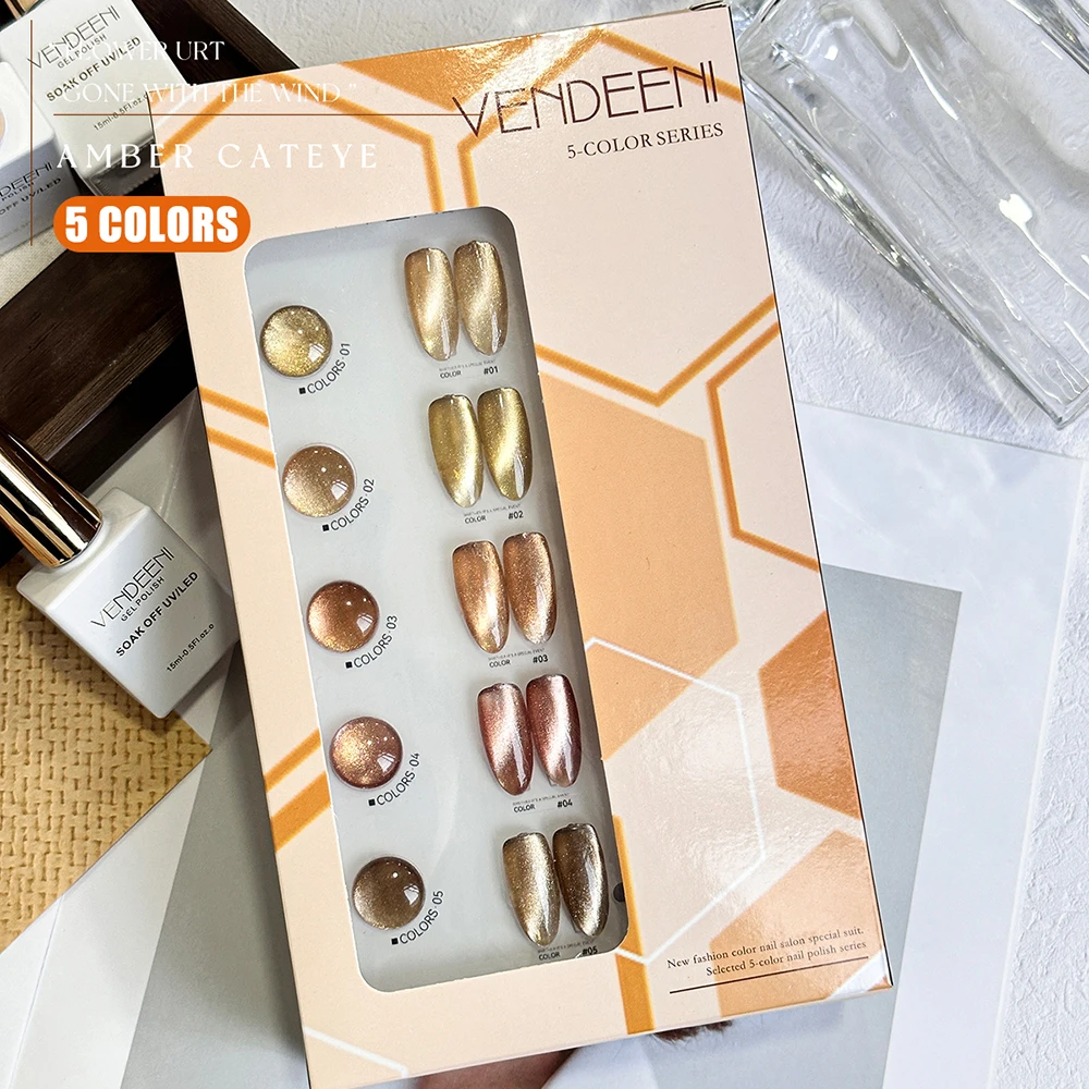 Vendeeni 5 Colors/Set Gold Brown Crystal Cat Eye Gel Nail Polish UV LED Amber Magnetic Cat Eye Gel Nail Varnish With Color Card