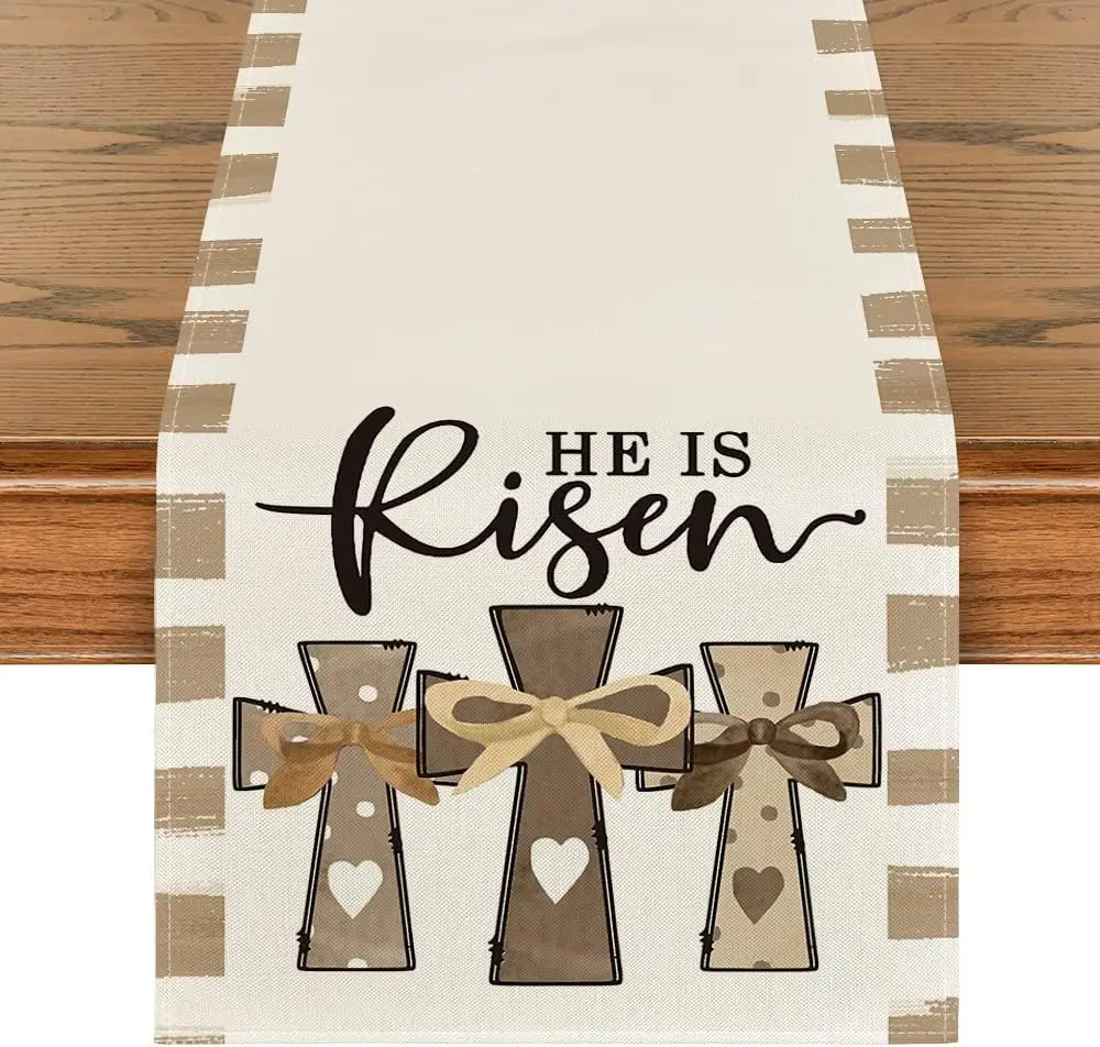 

Brown He Is Risen Cross Easter Table Runner, Spring Summer Seasonal Holiday Kitchen Dining Table Decoration for Home Party Decor