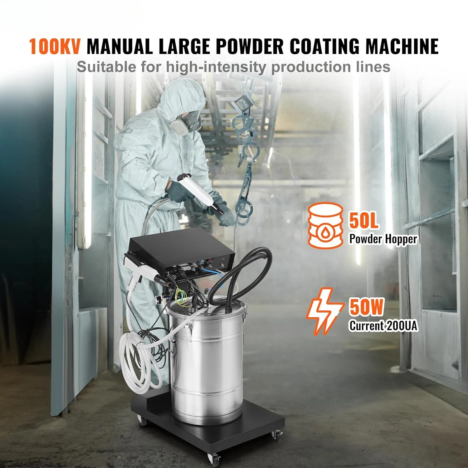 Coating System, 50 W 100KV Electrostatic Output Powder Coating Kit with 50L Powder Hopper, 450g Per Minute Powder