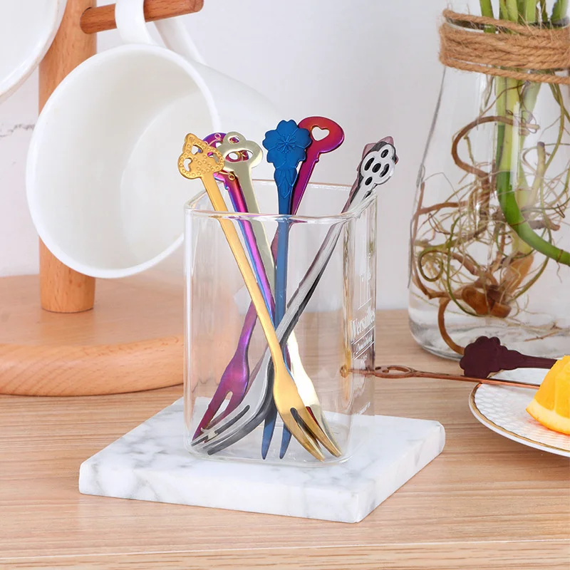 

1Pc Color Creative Stainless Steel Small Fruit Fork Set Tea Fork Tableware Household Tableware Salad Cake Snack Fork Tableware
