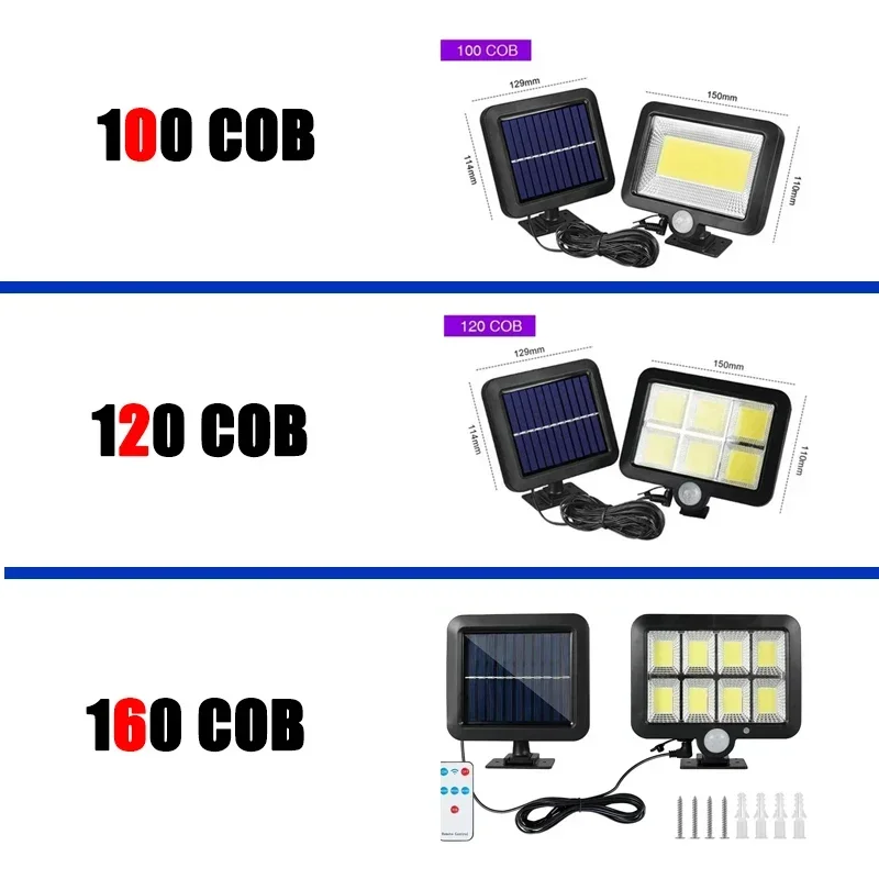 Impermeável Motion Sensor Dividir Lâmpada de Parede, Jardim Street Lights, Luz Solar, Jardim Luz, 3 Modos, 160 COB, 120 COB, 100COB, 1Pc