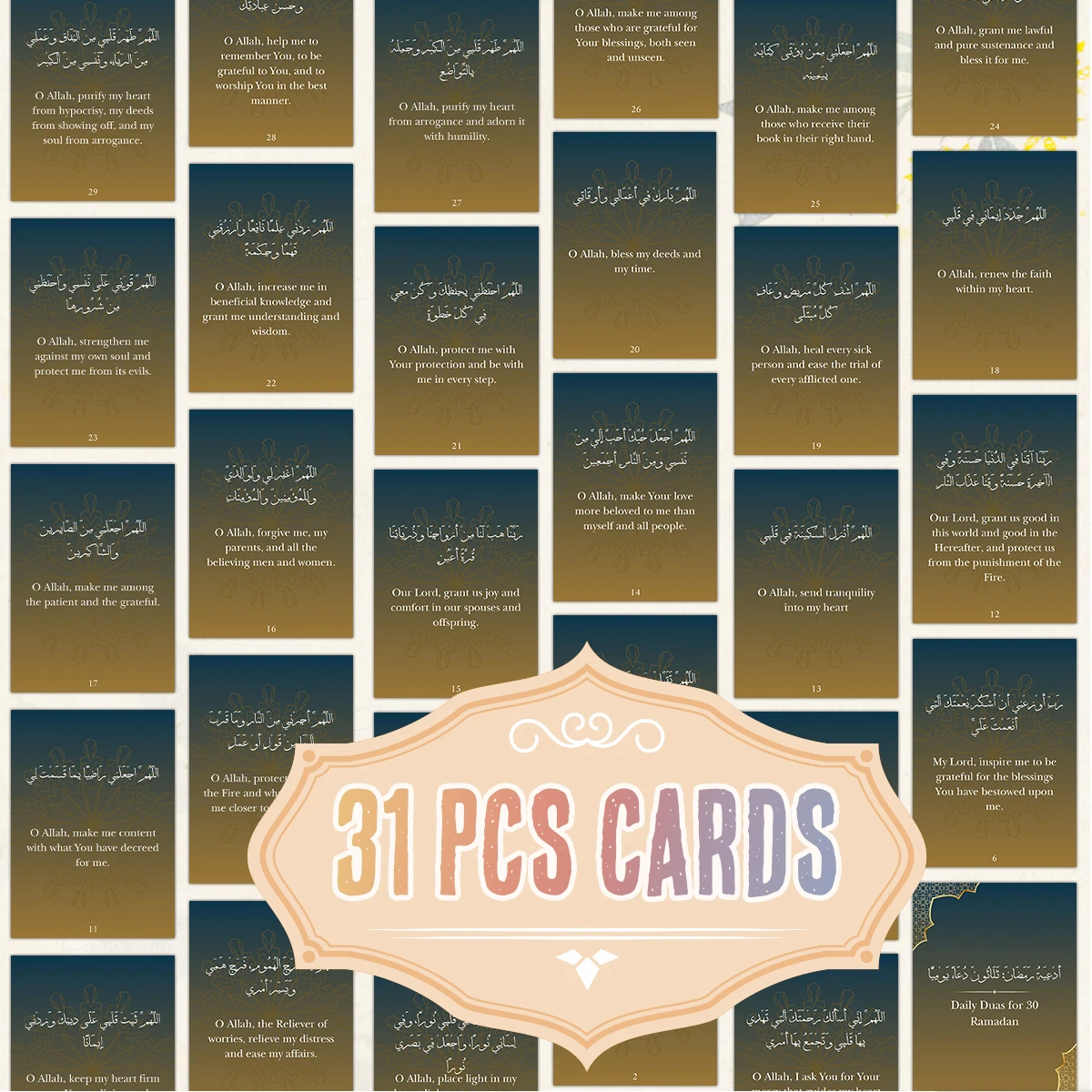 31 Uds. Tarjetas de oración islámica de Ramadán árabe y inglés Dua para devoción diaria, tarjetas de bendición para familiares y municiones, regalos de bonito mes