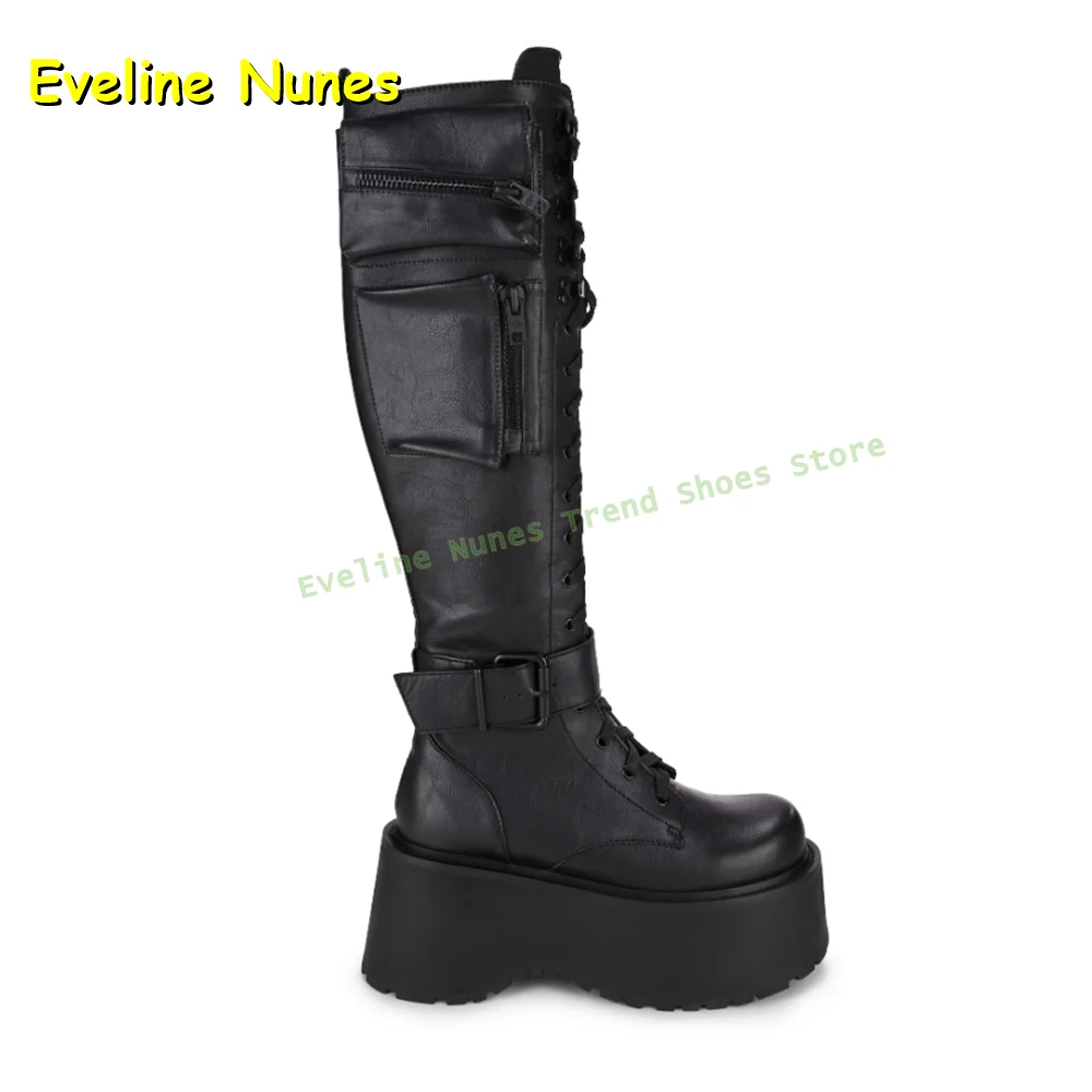 Pocket Decoration Lace Up Motorcycle Boots Round Toe Thick Sole Black Patchwork Sweet Cool Style Knee High Boots Punk 2025 Trend