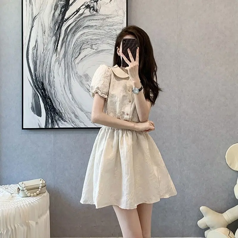 Short Sleeve Dress Women Elegant Popular Simple Solid Ins Young Ladies Korean Style College Cosy Summer Street Wear New Arrival