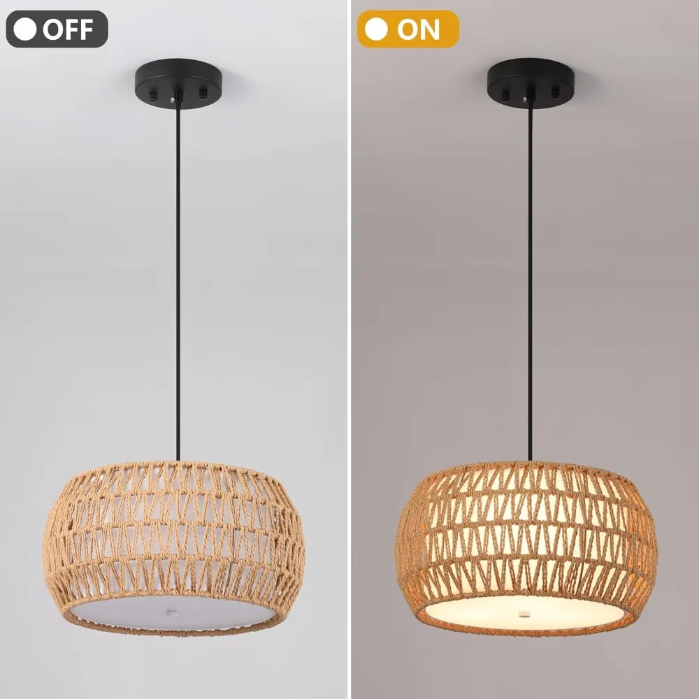 Boho Wicker Pendant Light Natual Hemp Rope Drum Ceiling Lamp Light Fixture LED Chandeliers for Dining Room Living Room Resturant