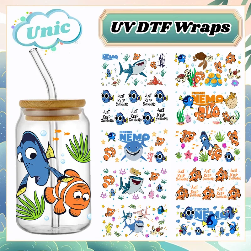 

Наклейка Disney Finding Nemo Fish, 16 унций, УФ DTF, обертывания для чашек, переносная для стекла, банка Libbey, бутылка, самоклеящаяся, моющаяся, сделай сам, на заказ
