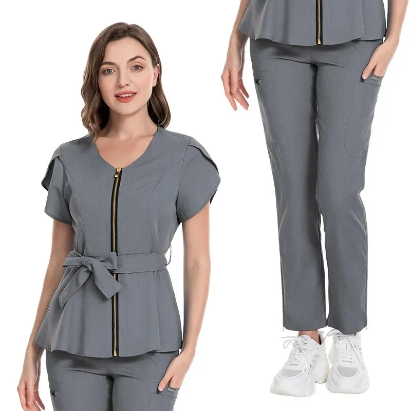 

Wholesale Price Hospital Scrubs Set for Women Pet Clinic Uniform Solid Color Scrub Suit Surgical Gown Multiple Pockets with Belt