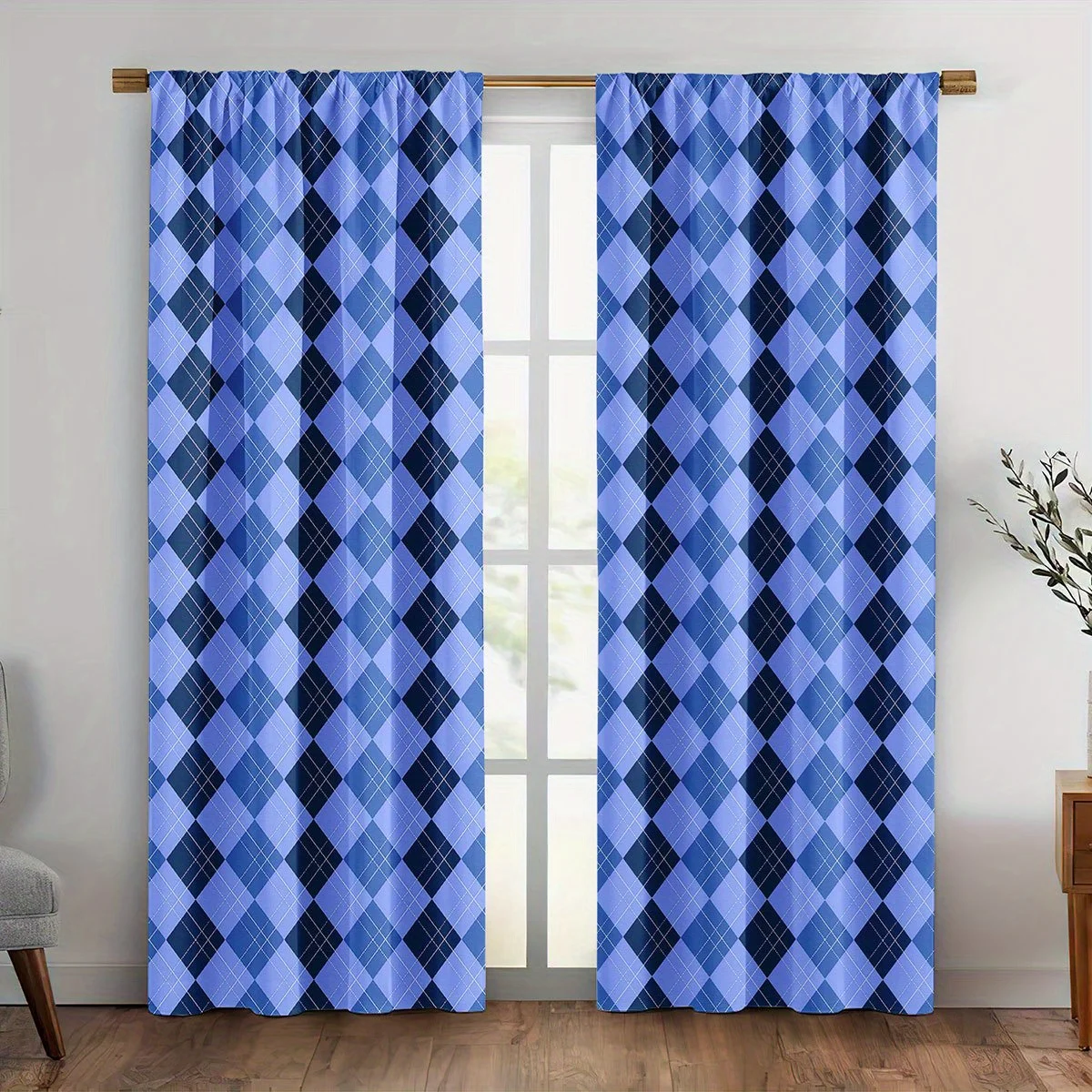 Elegant Blue Diamond Pattern Curtains Pair for Window Home Decoration Modern Geometric Lattice Style Drapes for Living Room Bedr