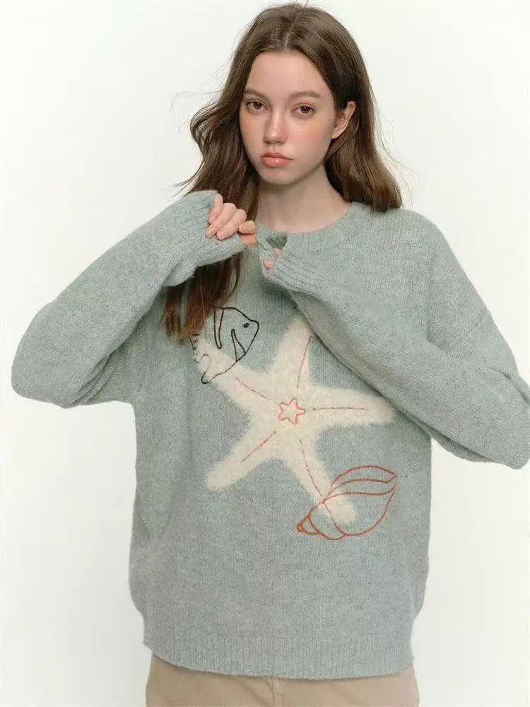 Starfish Pattern Knitted Sweater for Women Autumn Winter Loose Comfort Knitwear Top Female Soft Warm Long Sleeve Pullover
