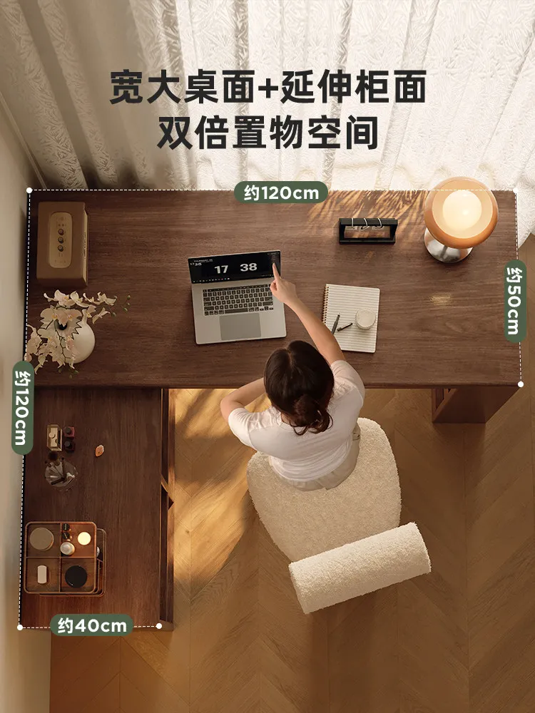 Long solid wood desk, home bedroom computer desk, storage cabinet integrated, retractable study desk, writing desk against the w