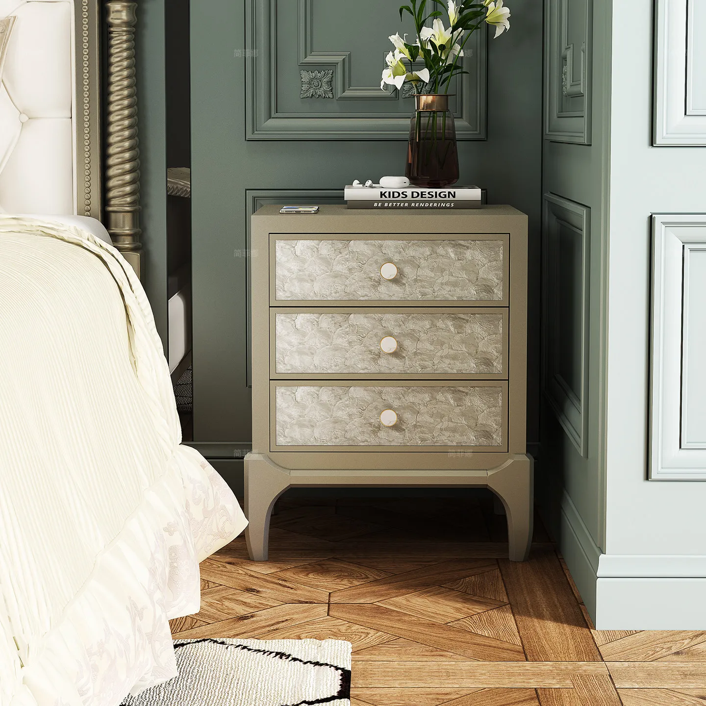 American light luxury solid wood bedside table, simple shell inlaid bedside table, French  cabinet, French bedside storag