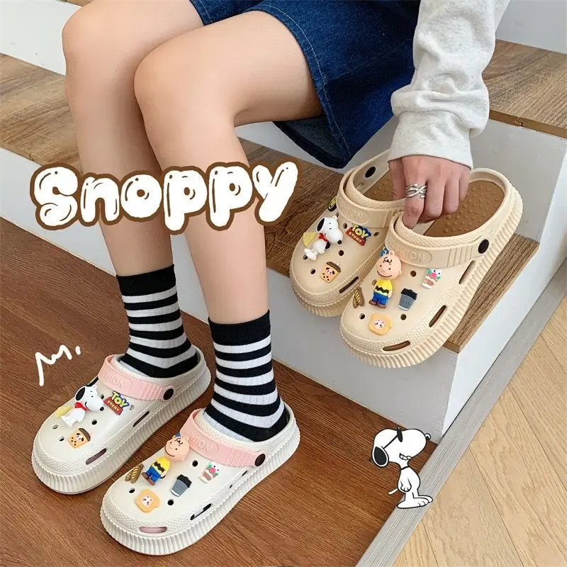 Cute Cartoon Snoopy Toe Slippers Sanrio Kawaii Summer Seaside All-Match Non-Slip Clogs Girl Student Platform Shoes