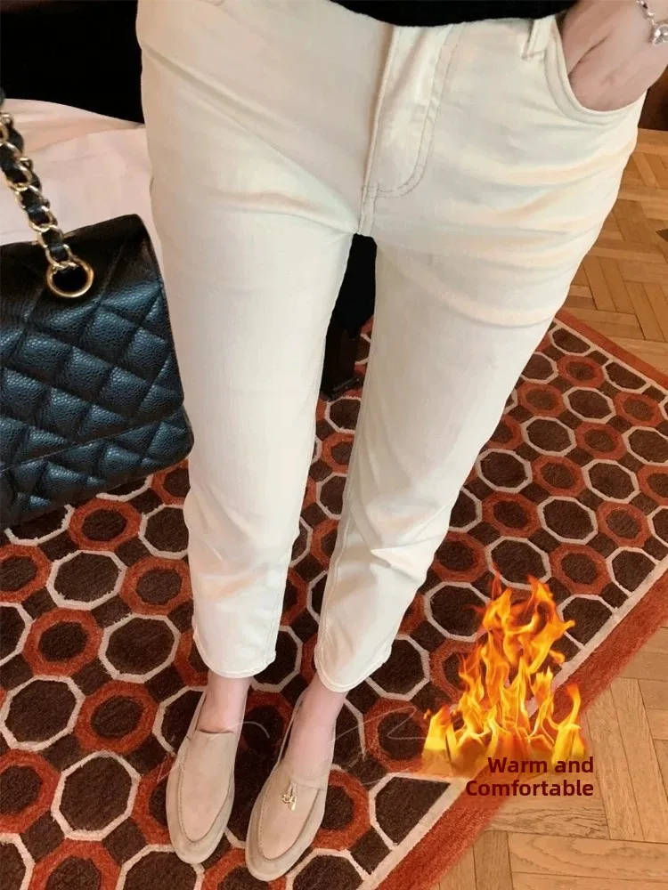 

Женские джинсы-брюки с высокой талией из хлопкового стрейч-денима на флисовой подкладке, облегающие, укороченные, универсальные, повседневные, немнущиеся