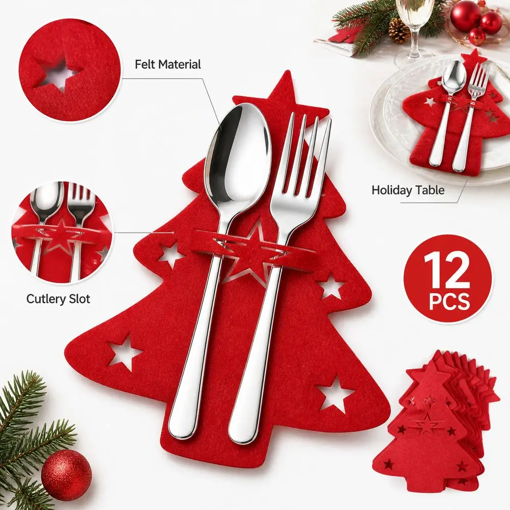 Tree or Reindeer Shape Christmas Cutlery Holders Cutlery Slot Red Christmas Utensil Pockets Flat Silhouette
