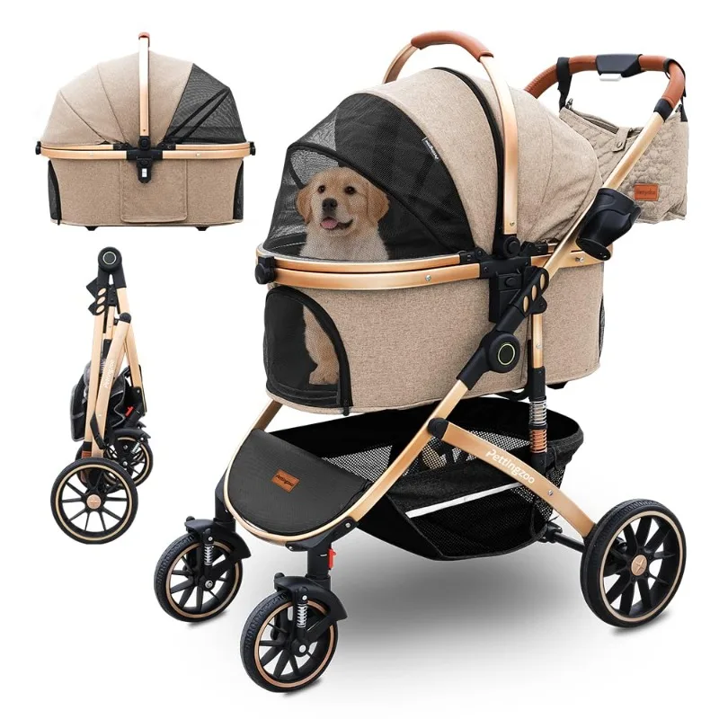 

with 4 Wheels, Folding Cat Stroller for Small/Medium/Large dogs & cats to 60 lbs, pet stroller with removable carri