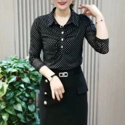 2024 New Spring and Autumn Korean Commuter Fashion Long Sleeved Chiffon Shirt Flip Collar Pullover Printed Polka Dot Women's Top