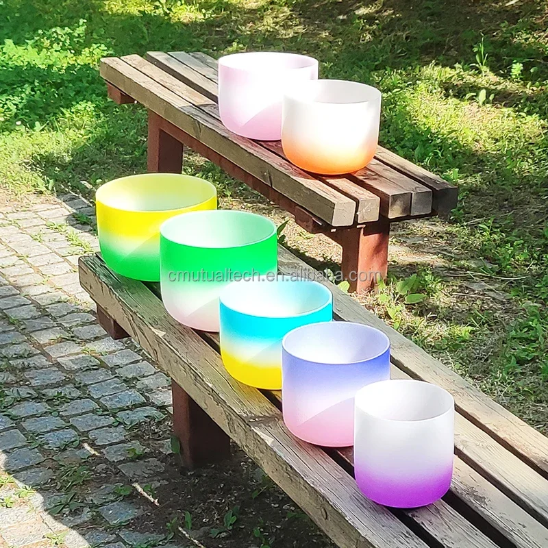 Rainbow Frosted Crystal Singing Bowl Set of 7 Customize Sound Therapy Bowl Quartz Sound Bath Instrument for Spiritual Gift Set