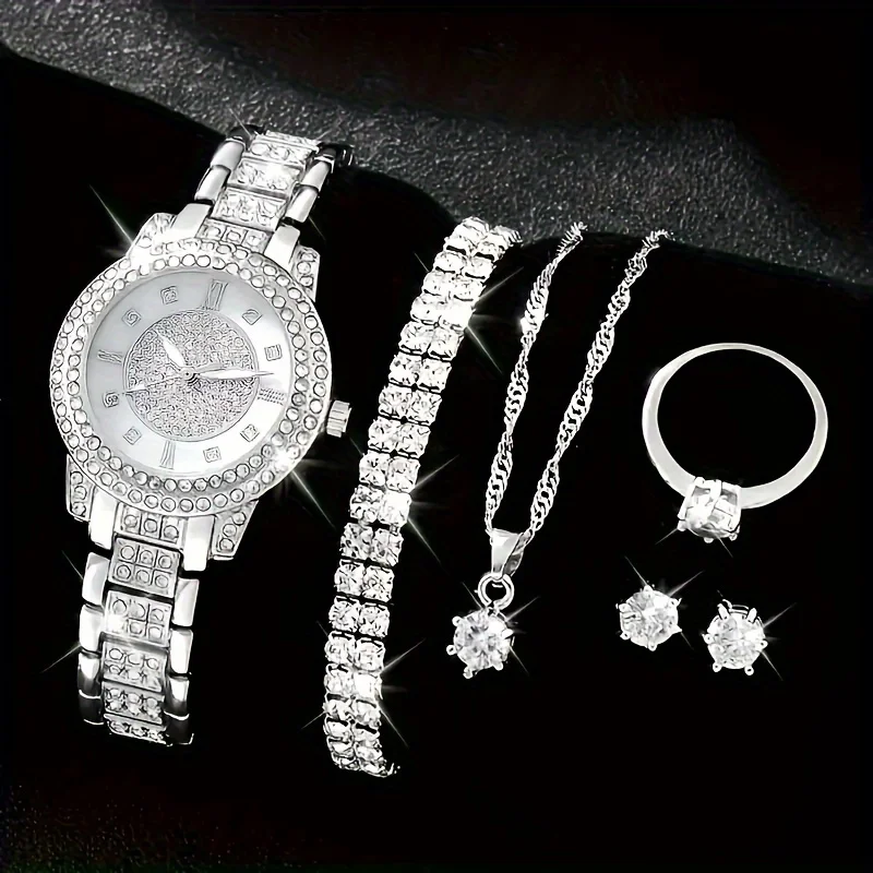 6pcs/set Women\'s Watch Luxury Rhinestone Quartz Watch Analog Stainless Steel Wrist Watch & Jewelry Set, Gift For Mom Her