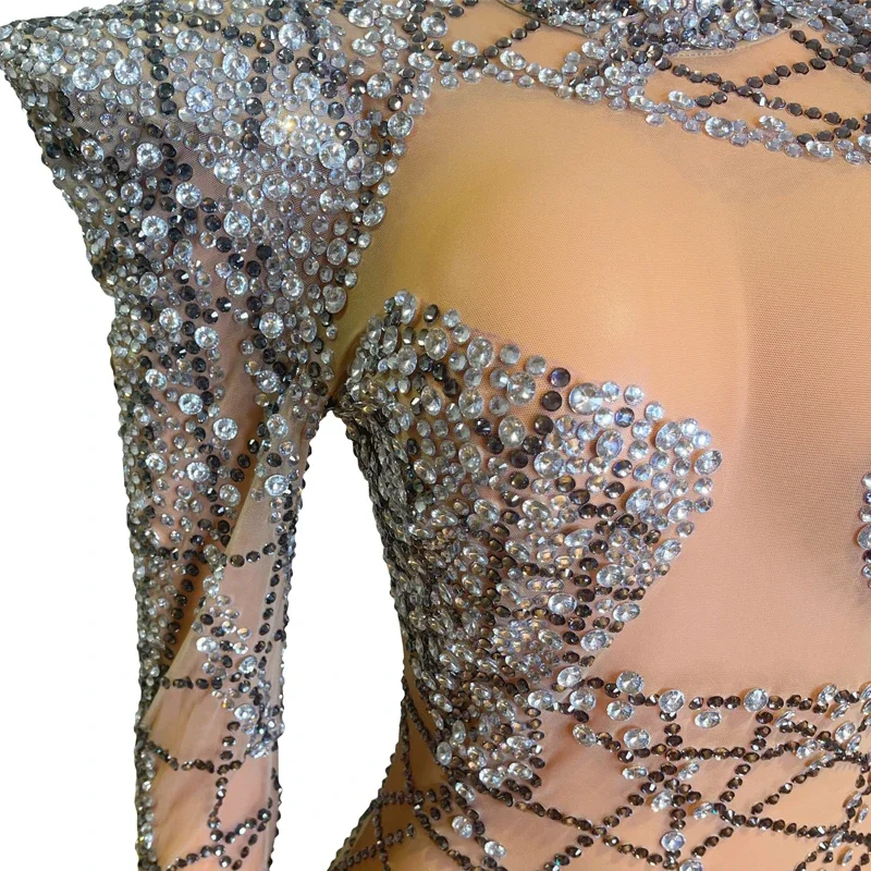풀 라인스톤 드레스 섹시 메쉬 시스루 드레스 여성 이브닝 생일 축하 의상 무대 가수 댄서 의상 XS6086