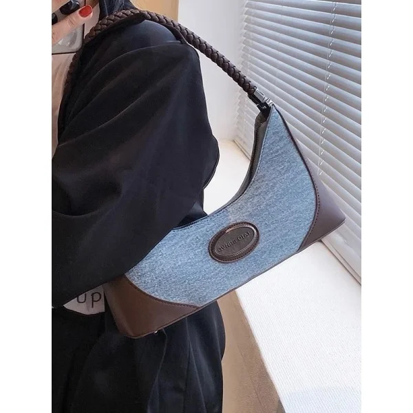 Retro Denim Blue Handbag Women Patchwork Large Capacity Woven Handle Shoulder Bag Ladies Fashion Harajuku Versatile Underarm Bag