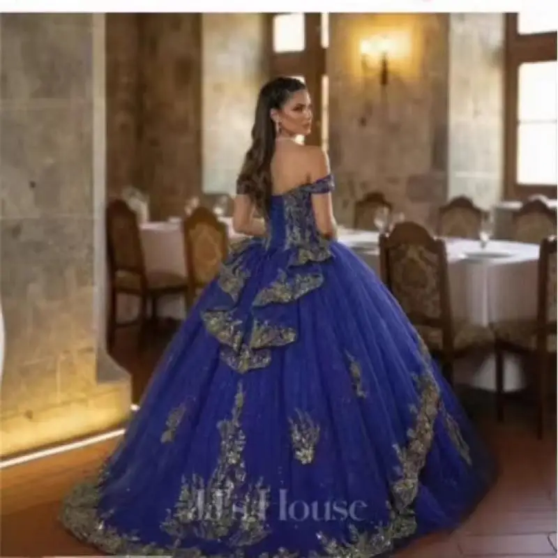 Strapless Off Shoulder Chiffon Gold Lace Decal Coming Of Age Party Sequin Evening Dress Princess Puffy Skirt Customized