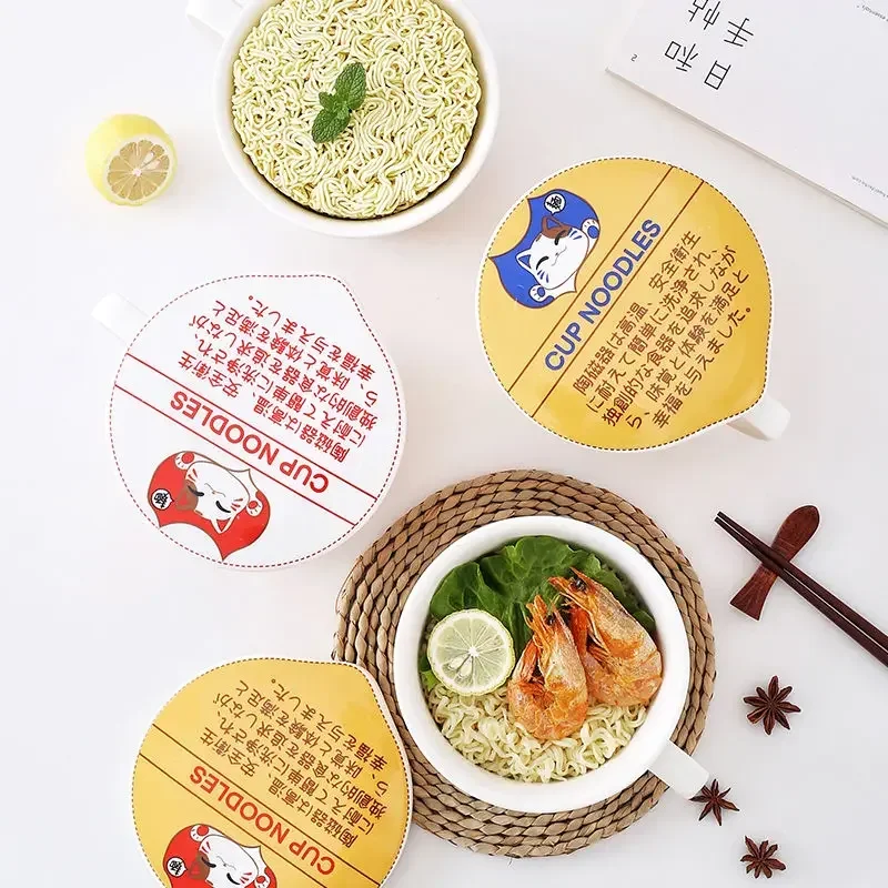 Ceramic Cat Noodle Cup Bowl Set with Cover Box, Instant Noodle Soup Bowl, Student Lunch Box, Ins Style