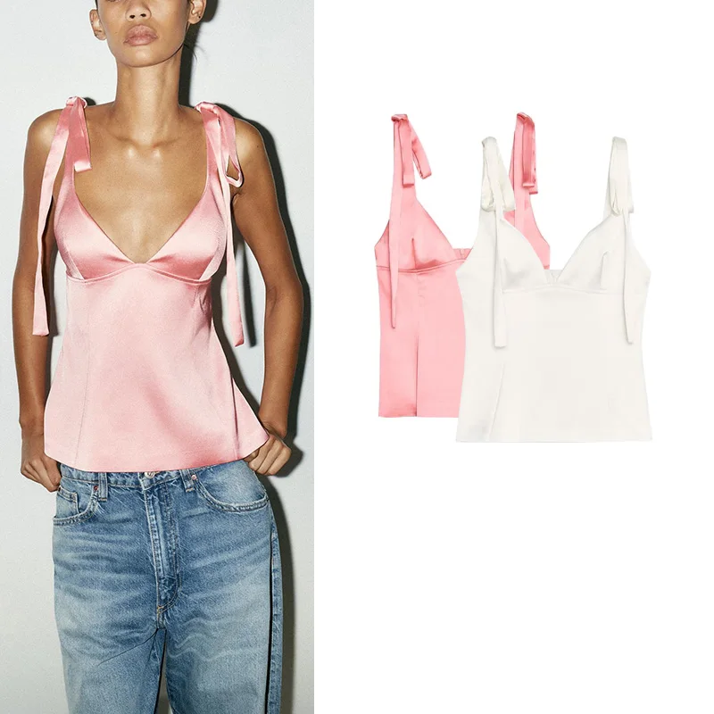 صيف جديد إمرأة بسيط Sle V-ne Svel عقدة الحرير الساتان يشعر حزام علوي التصميم الأصلي سليم صالح البوليستر...