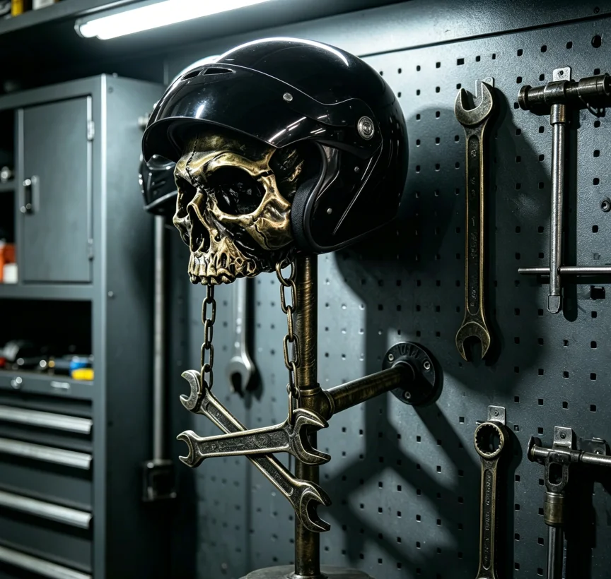 Resin Art And Design - Vintage-Totenkopf-Wandhalterung für Helme, Motorradhelmständer im Industriellen