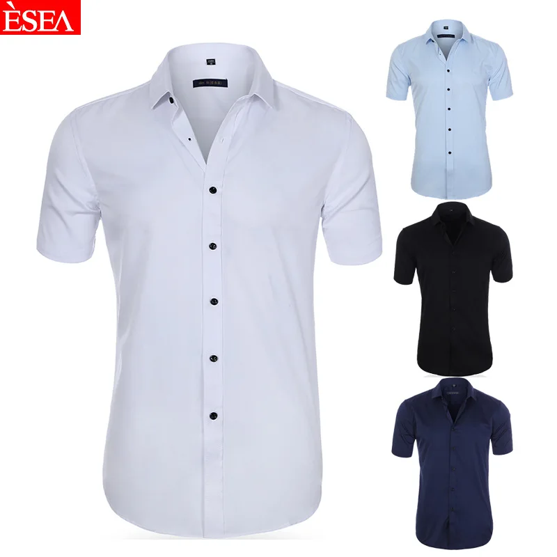 Hot Sale Stretch Shirt Men Short Sleeve Solid Color Social Business Shirts No Ironing camisas Summer Office Men Clothing MY1011