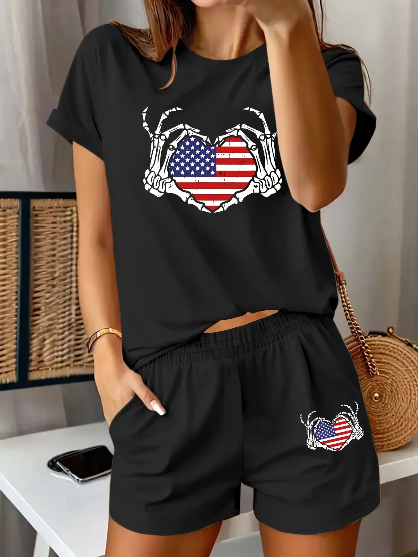 Summer women's suit with a light breathable casual and retro streetwear style featuring an American flag print on the front