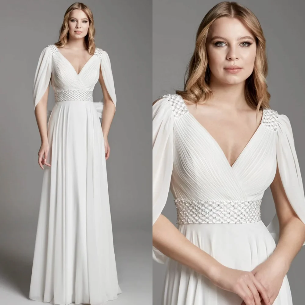 

Customized Modern White Chiffon Evening Dress Exquisite V-Neck Homecoming Dresses Soft Backless Open Back Vestido De Festa