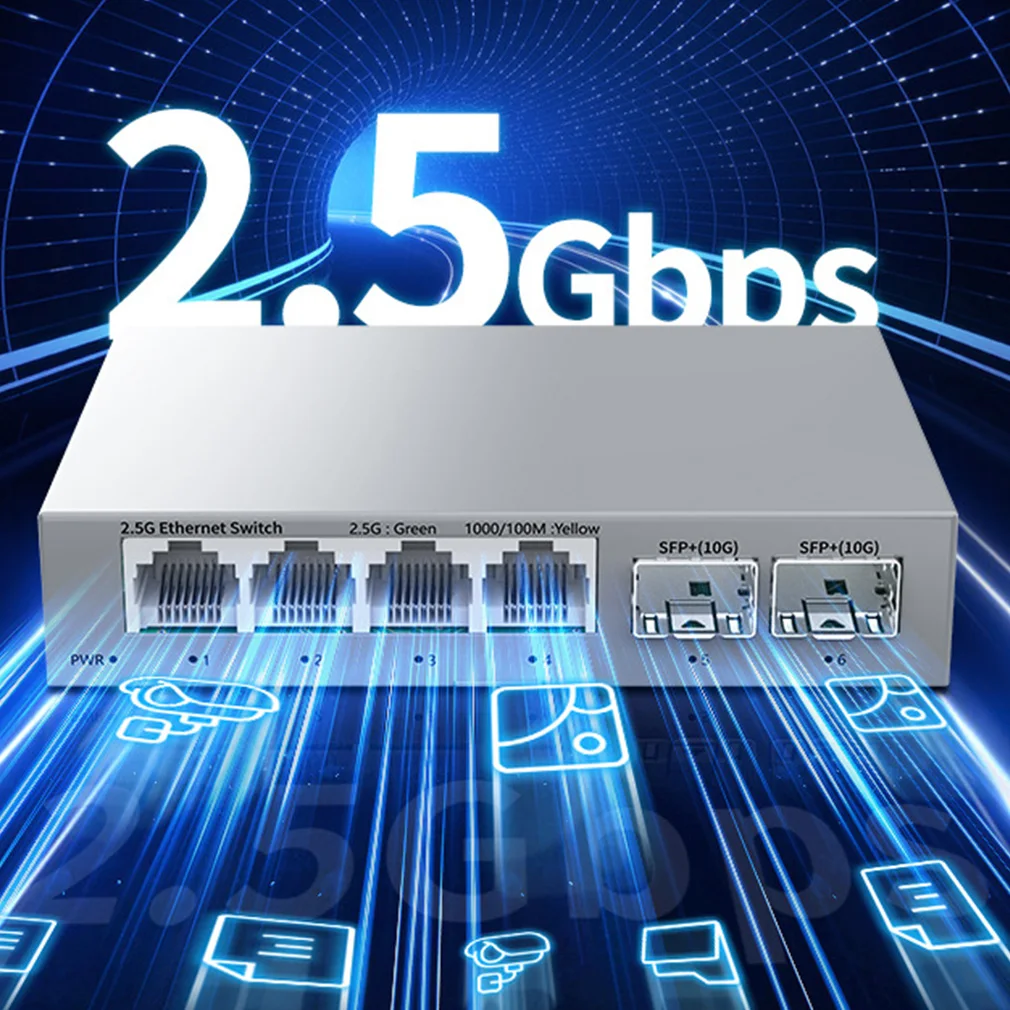 2.5GBASE-T Ethernet Switch 2.5G 4 Port RJ45 with 2 Port 10G SFP+ Fanless Plug and Play Network Switch Desktop Homelab Switch