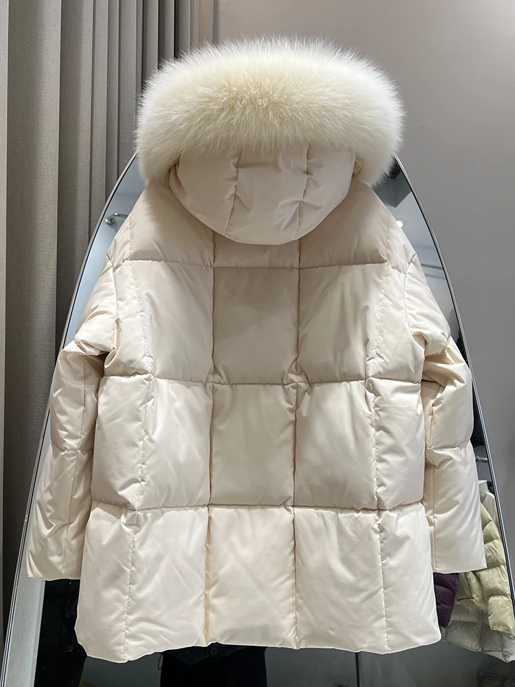 Fox fur collar medium length down jacket for women Korean style gentle and loose commute warm white duck down jacket