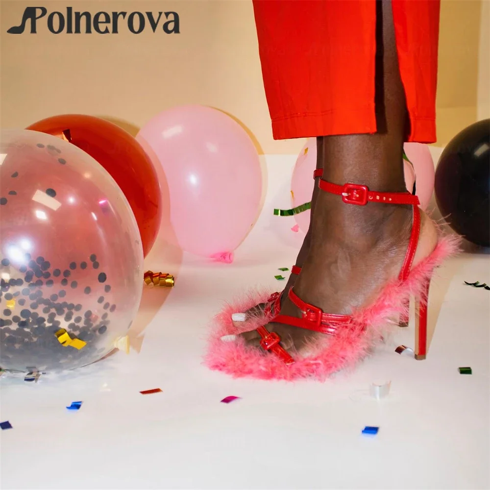 

Fur Ankle Strap Sandals Red Leather Stiletto Sandals Luxurious Real Fur Summer High Heels Elegant Style Women's Banquet Sandals