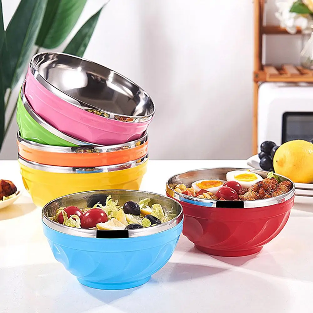 Candy Color Double-layer Stainless Steel Bowl Creative Children Dinnerware Insulation Heat Noodle Soup Rice M8E1