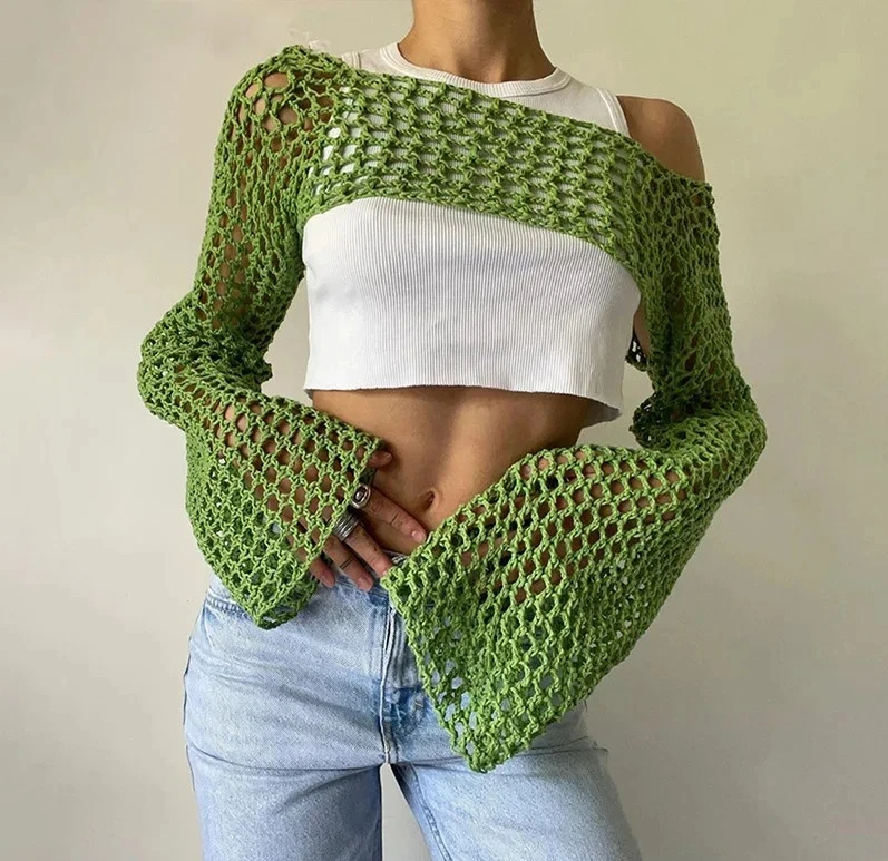

Summer Green Long Sleeve Smock Knitted Crop Top Women Beach Sexy Backless Hollow Out Party Blouse Shirts